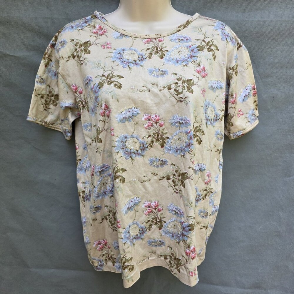 Ralph Lauren Floral Beige Multicolor Short Sleeve Tee Shirt Size Medium